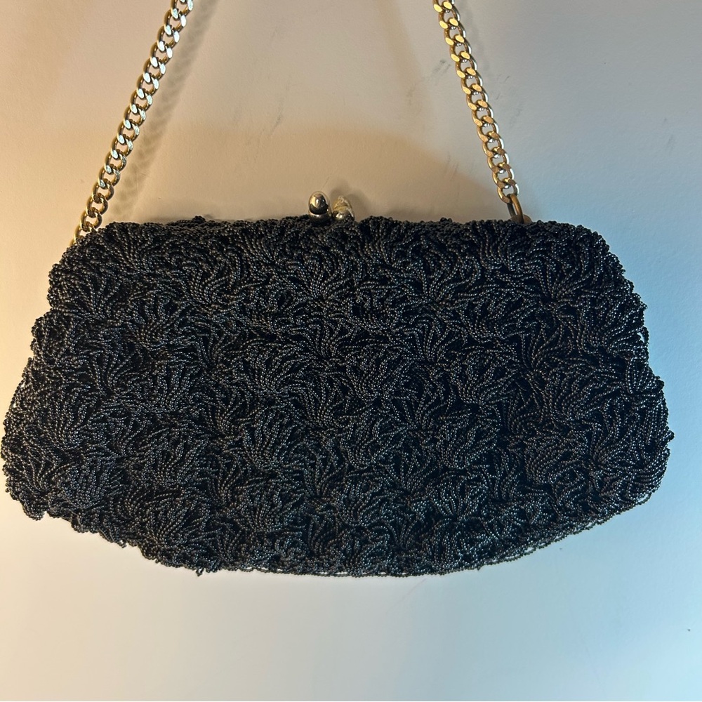 Vintage Elegant Black Beaded Clutch with Gold Chain